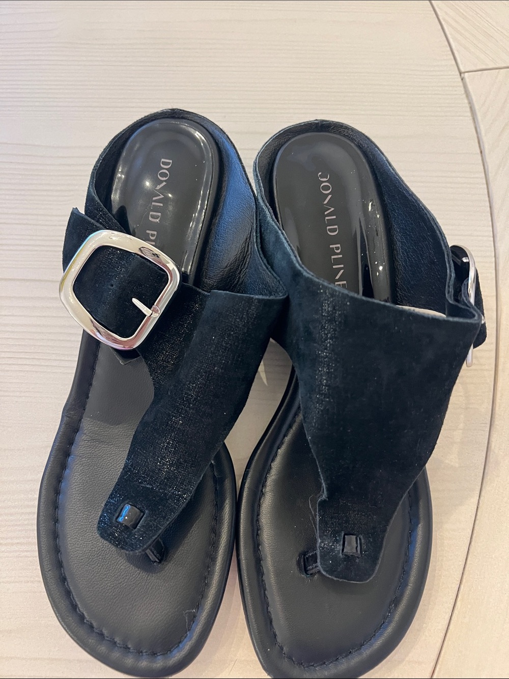 Donald J. Pliner Black Suede Buckle Toe-Post Mules